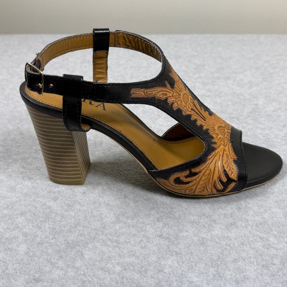 Myra Handtooled Leather Heels Rodeo Rose Natural Brown Sandals Western Cowgirl - Picture 6 of 8